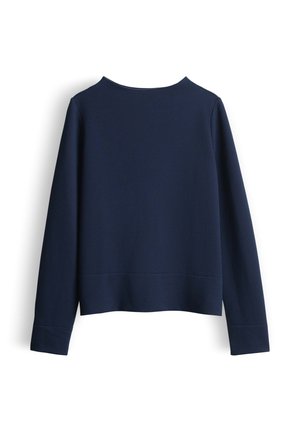 Pull en laine bleu marine à manches longues avec un tissu texturé, col rond et ourlet droit, présenté de dos sur fond blanc.