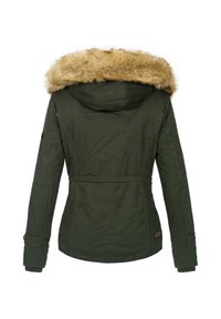 Dark green winter jacket with a seamed design, long sleeves with cuffs, and a hood trimmed with light brown faux fur, shown from the back.