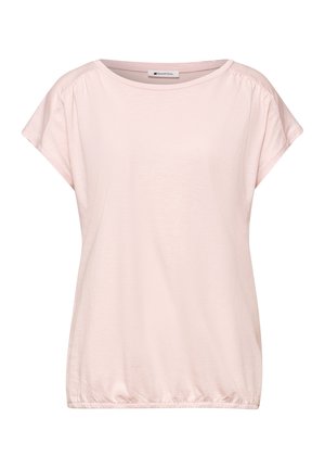 Jasnoróżowa bluzka z krótkim rękawem, okrągłym dekoltem, marszczonymi szwami na rękawach i elastycznym dołem, z metką "Street One" wewnątrz kołnierza.