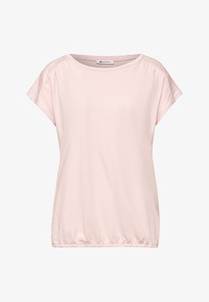 Jasnoróżowa bluzka z krótkim rękawem, okrągłym dekoltem, marszczonymi szwami na rękawach i elastycznym dołem, z metką "Street One" wewnątrz kołnierza.
