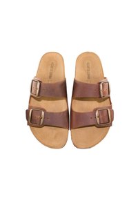 Sandalias de cuero marrón con dos hebillas ajustables y una plantilla contorneada. La suela es de color marrón claro, con una textura suave y forma redondeada.