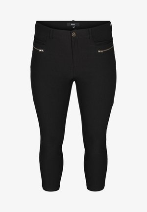 Zwarte capri-broeken met een getailleerd ontwerp, voorzien van ritszakken aan de voorkant en een knoopsluiting. Gemaakt van een rekbare stof voor comfort.