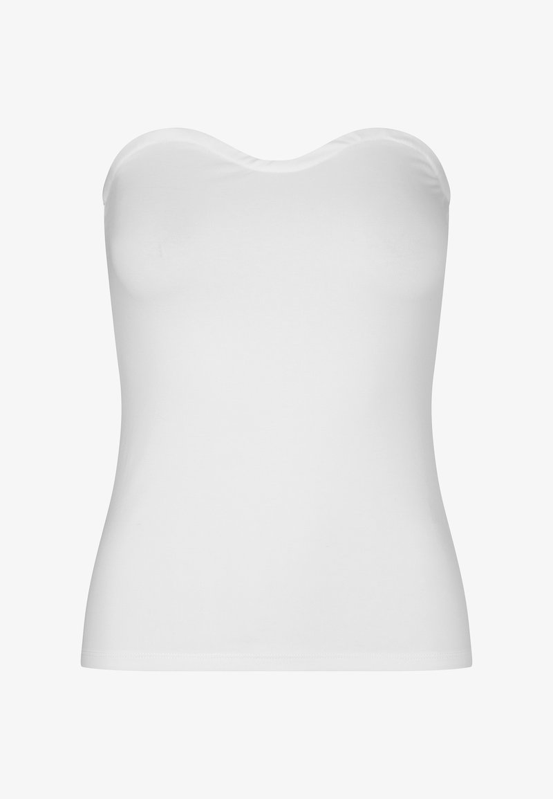 Haut blanc sans bretelles fabriqué en tissu léger et extensible. Présente une texture lisse, un col incurvé et un design ajusté. Pas de coutures visibles.