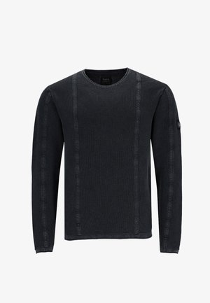 Dunkelgrauer, gerippter Strickpullover mit rundem Ausschnitt, langen Ärmeln und kontrastierenden Nähten entlang der Seiten und Bündchen.