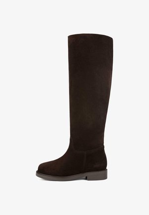 Braune Wildleder-Stiefel bis zum Knie mit runder Zehenform, flacher Sohle und glatter Textur. Minimale Nähte und ein elegantes Design.