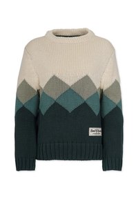 Strickpullover mit einem Muster aus Creme, Grün und Dunkelblau in Diamantform, rundem Kragen sowie gerippten Bündchen und Saum. Enthält ein Markenetikett.