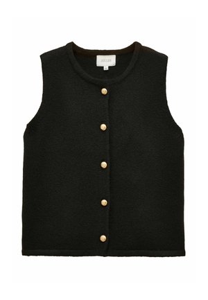 Schwarze ärmellose Weste mit rundem Ausschnitt, ausgestattet mit goldenen Knöpfen an der Vorderseite; aus strukturiertem Stoff gefertigt.