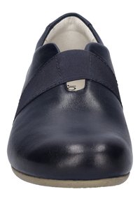 Navy leather shoes with a smooth texture, featuring an elastic strap across the top and a slightly rounded toe.