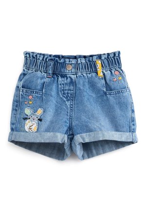 Shorts en denim bleu pour enfants avec ceinture élastique, revers roulés et motifs brodés de souris et fleurs sur les poches avant.