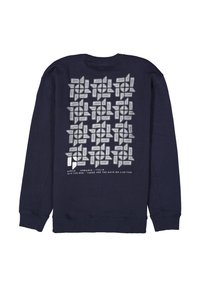 Sudadera navy de manga larga con una impresión gráfica de formas entrelazadas y texto en la parte posterior. Tejido suave, diseño de cuello redondo.