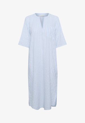 Robe en lin mélangé bleu clair avec des rayures verticales, décolleté en V, manches courtes et une poche poitrine. Coupe décontractée, longueur genou.