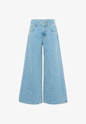 Jeans a gamba larga azzurri chiaro con vita alta, chiusura con bottoni, cinque tasche e piccoli ornamenti sparsi di stelle argentate e paillettes.