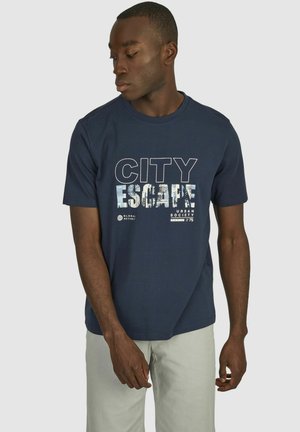 Navy short-sleeve t-shirt made of cotton, featuring a graphic print with the words "CITY ESCAPE" in white and blue tones.