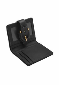 Black leather wallet with a smooth texture, featuring a card slot, clear ID window, and a gold-tone buckle strap for secure closure.