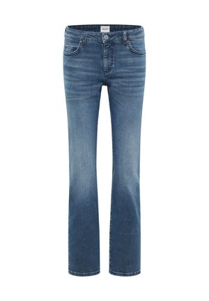 Jeans dritti di colore blu chiaro realizzati in denim, dotati di cinque tasche, chiusura frontale con bottone e un leggero sbiadimento sulla stoffa.
