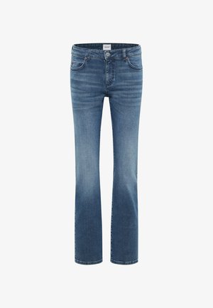 Hellb blauen Jeans im geraden Schnitt aus Denim, mit fünf Taschen, einem vorderen Knopfverschluss und sanften Verwaschungen im Stoff.