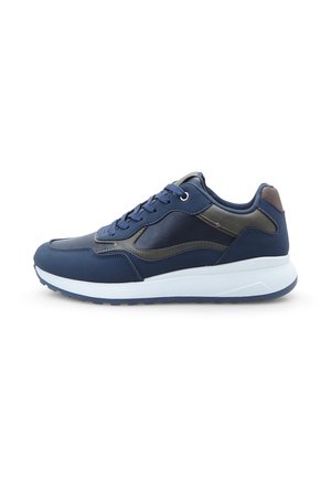 Navy blue athletic shoes with a smooth synthetic upper, accented with dark gray and brown details, and a white midsole, featuring a rubber outsole.