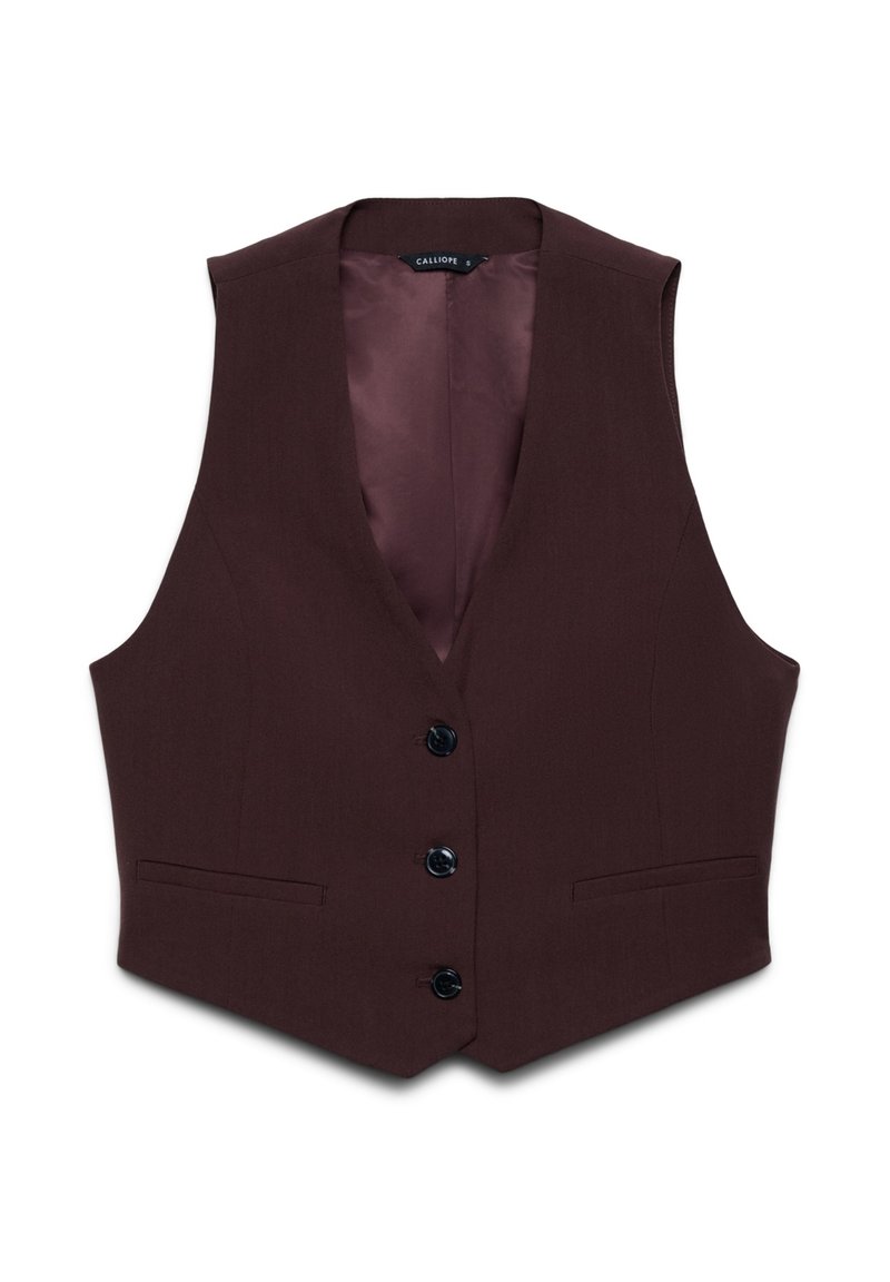 Bordeauxrotes Weste mit tiefem V-Ausschnitt, fünf schwarzen Knöpfen und zwei Fronttaschen. Glatter Stoff mit satinartigem Innenfutter.