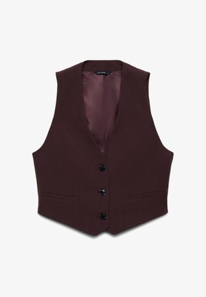 Gilet bordeaux avec un décolleté en V profond, cinq boutons noirs et deux poches avant. Tissu lisse avec une doublure intérieure satinée.