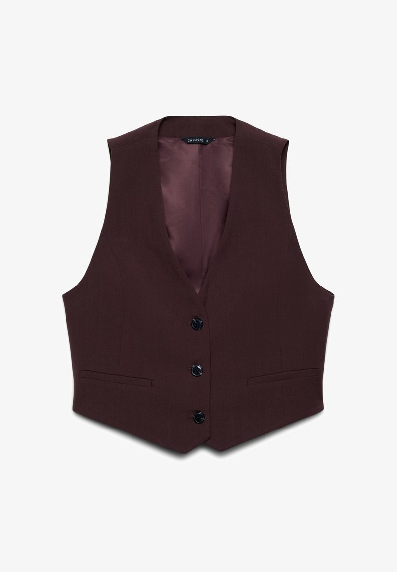Gilet bordeaux avec un décolleté en V profond, cinq boutons noirs et deux poches avant. Tissu lisse avec une doublure intérieure satinée.