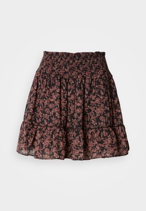Fustă neagră cu flori, având o talie elastizată, cu volane suprapuse și un model delicat de roz și marron. Material ușor.