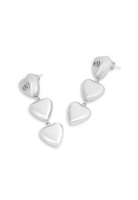 Srebrne kolczyki w kształcie serca z trzema połączonymi sercami, o wysokim połysku, z zapięciem typu post-back.