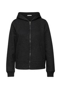 Czarna bluza z kapturem na zamek wykonana z miękkiego materiału z wzorem w cętki, wyposażona w kaptur, boczne kieszenie oraz ściągacze na mankietach i dole.