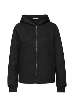 Czarna bluza z kapturem na zamek wykonana z miękkiego materiału z wzorem w cętki, wyposażona w kaptur, boczne kieszenie oraz ściągacze na mankietach i dole.