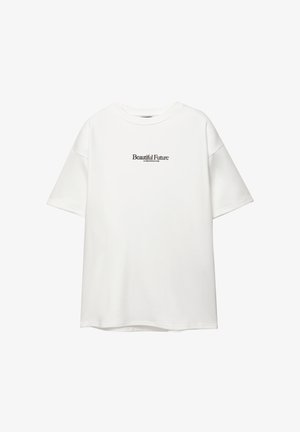 T-shirt bianco in cotone con maniche corte e collo rotondo. Presenta la scritta "Beautiful Future" stampata in nero sulla parte anteriore.