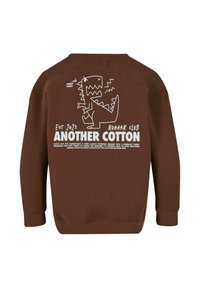 Sudadera de algodón marrón, con cuello redondo, presenta un gráfico de un dinosaurio blanco y texto en la parte posterior, con puños y dobladillo acanalados para un ajuste cómodo.