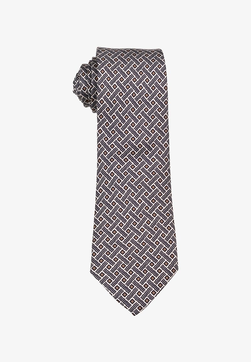 Siidist kaelarihm, millel on geomeetriline muster, mis koosneb omavahel seotud mustadest ja beežidest joonetest, moodustades heledal taustal diamante.