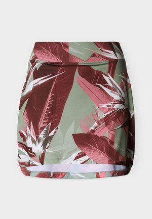 Φούστα με ψηλή μέση και τροπικό φυτικό σχέδιο σε μπορντό, ροζ, λευκό και απαλό πράσινο σε λείο ύφασμα.