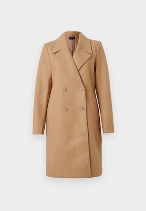 Manteau camel croisé avec col à revers, en tissu épais, doté de deux boutons, de poches latérales et de manches longues.