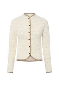Gebreide cardigan in roomwit met een gemêleerd patroon en bruine bies. Heeft een ronde halslijn en zes zwarte knopen aan de voorkant.