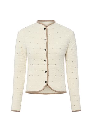 Gebreide cardigan in roomwit met een gemêleerd patroon en bruine bies. Heeft een ronde halslijn en zes zwarte knopen aan de voorkant.