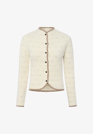 Gebreide cardigan in roomwit met een gemêleerd patroon en bruine bies. Heeft een ronde halslijn en zes zwarte knopen aan de voorkant.