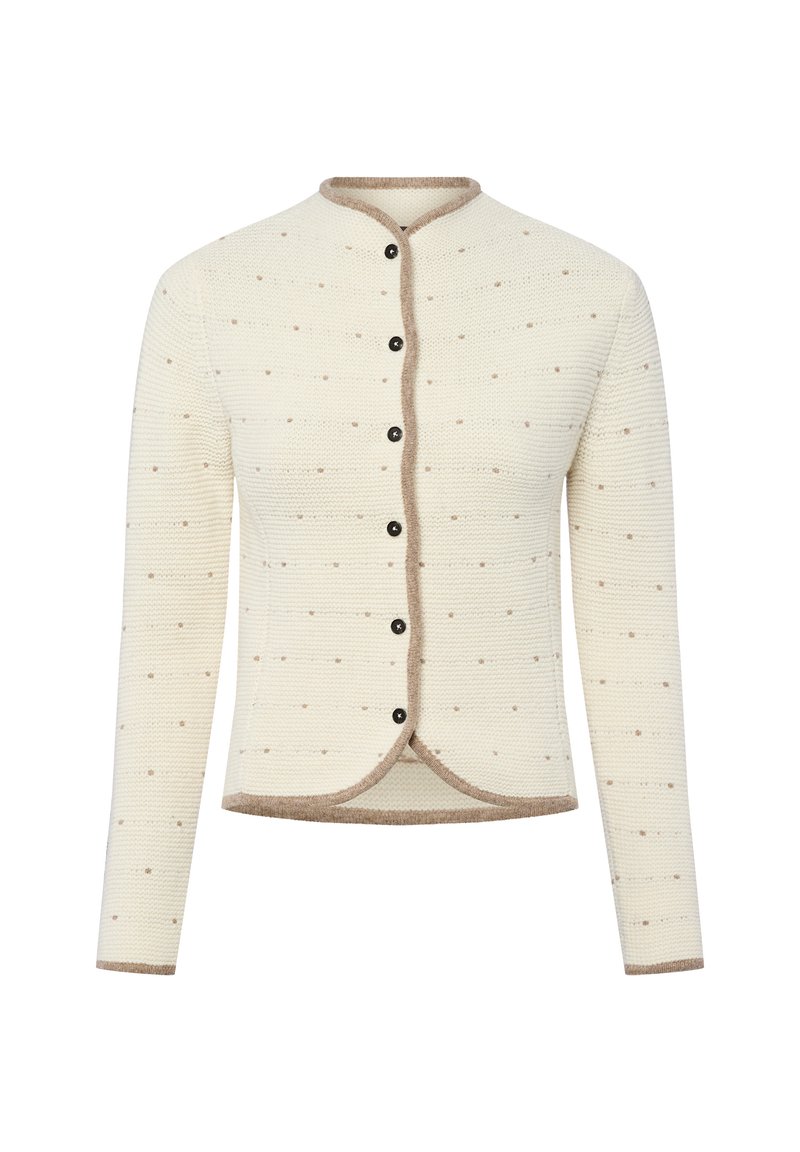 Gebreide cardigan in roomwit met een gemêleerd patroon en bruine bies. Heeft een ronde halslijn en zes zwarte knopen aan de voorkant.
