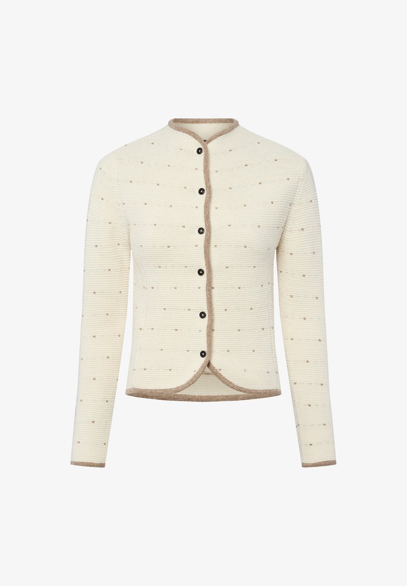 Gebreide cardigan in roomwit met een gemêleerd patroon en bruine bies. Heeft een ronde halslijn en zes zwarte knopen aan de voorkant.