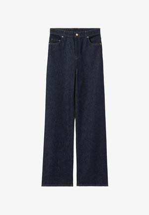 Jeans de mezclilla azul oscuro de pierna ancha con cintura alta, que presentan cinco bolsillos, costuras de cobre y cierre de botón. Textura suave.