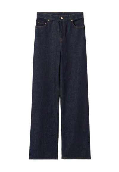 Jeans de mezclilla azul oscuro de pierna ancha con cintura alta, que presentan cinco bolsillos, costuras de cobre y cierre de botón. Textura suave.