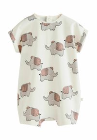 Mono blanco para bebé hecho de tela suave, con un estampado repetido de elefantes en gris y óxido, con mangas cortas y un cierre a presión en el cuello.
