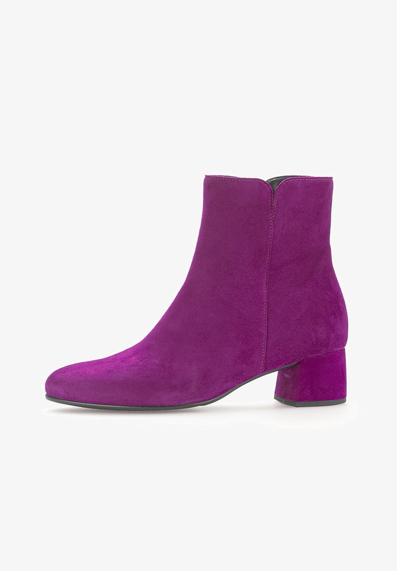 Purple suede ankle boot with a block heel, featuring a smooth texture and a simple design. Side zipper closure for easy wear.