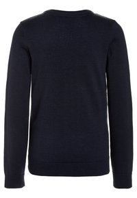 Navy blue long-sleeve knit sweater with ribbed cuffs and hem, shown from the back.