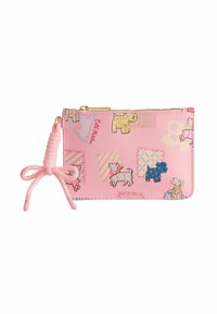 Rozā auduma maks ar suņu ilustrācijām, ģeometriskām shēmām un dekoratīvu rozā loku uz rāvējslēdzēja. Izmēri ir kompakti un taisnstūrveida.