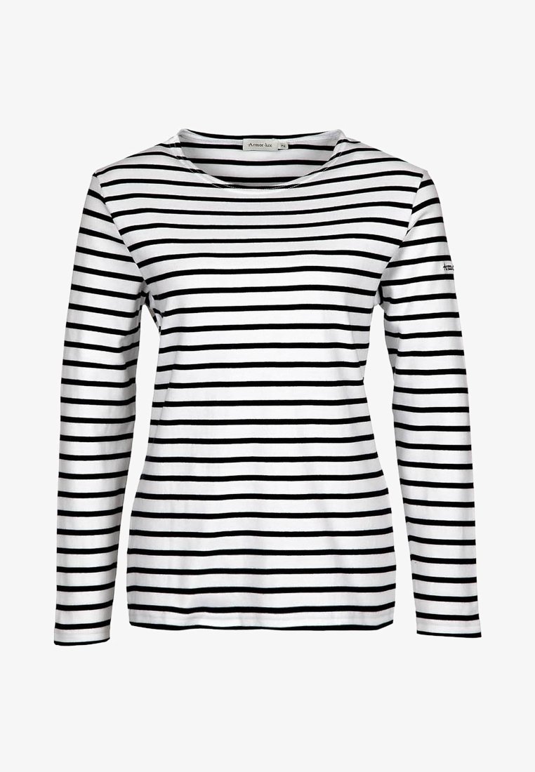 Chemise à manches longues rayée en blanc et noir. Dotée d'un col rond, d'un tissu doux et d'un accent logo sur la manche gauche.