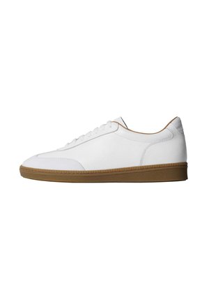 White low-top sneaker with lace-up design and textured brown rubber sole, shown in right side profile on white background.