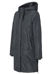 Chaqueta con capucha de color gris oscuro, con cierre de cremallera en la parte delantera, cordón ajustable y dos bolsillos laterales. Tela suave y resistente al agua con un corte relajado.