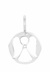 Pendente in argento a forma di angelo, con linee morbide, contorno rotondo e inciso "925" che indica argento sterling.