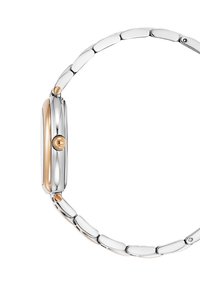 Reloj en tonos plateado y dorado con una caja redondeada, un borde texturizado y un diseño de brazalete de eslabones. Presenta un acento dorado en la corona.