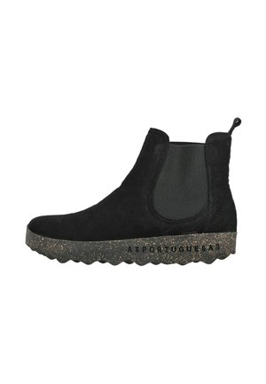 Stivaletto in camoscio nero con pannello laterale elastico, suola testurizzata maculata e linguetta sul tallone. Nome del marchio sulla suola.